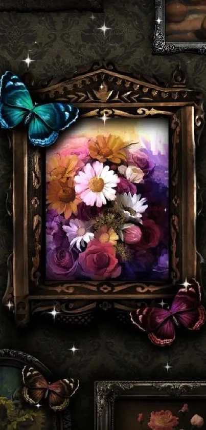 Elegant floral artwork with butterflies on a framed background.