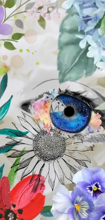 Artistic blue eye surrounded by colorful flowers wallpaper.