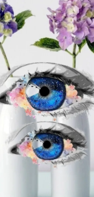 Mobile wallpaper with artistic eyes and floral design.