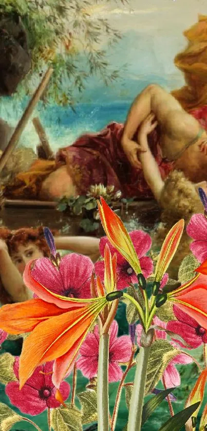 Artistic wallpaper with vibrant flowers and mystical figures.