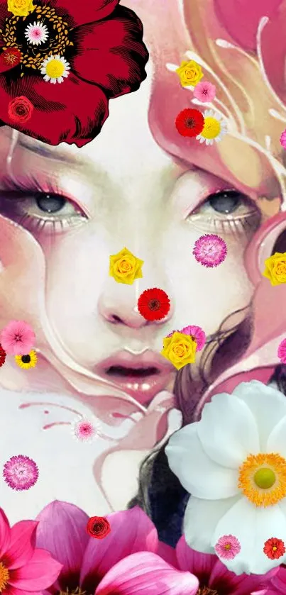 Artistic wallpaper with a floral theme and a mystical face.