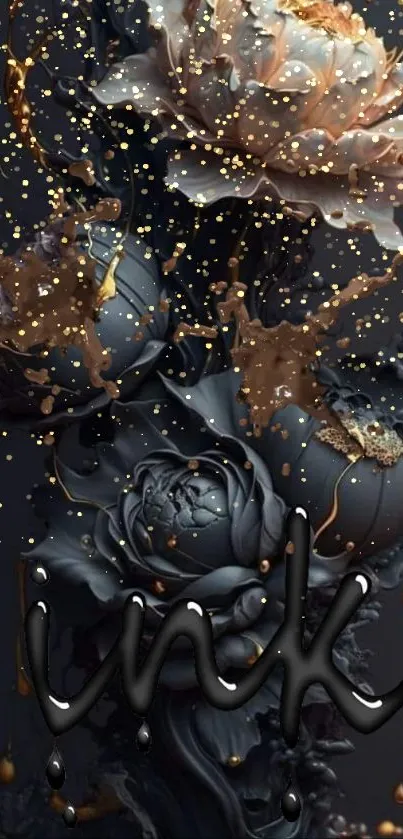 Floral ink wallpaper with gold accents and dark background.