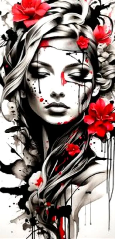 Artistic monochrome portrait with red flowers.