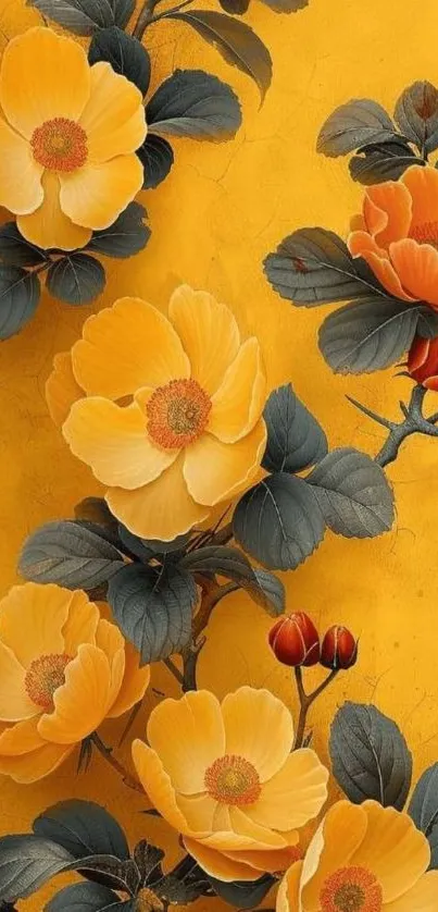 Yellow and orange flowers on golden background.