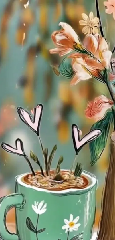 Artistic teal mug with flowers and hearts.