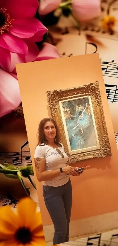 Artistic wallpaper with flowers, music notes, and a framed picture.