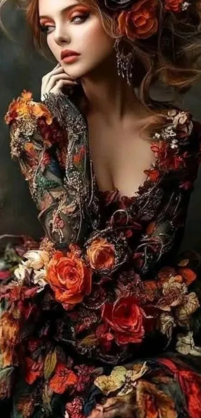 Mystical woman in floral dress portrait.