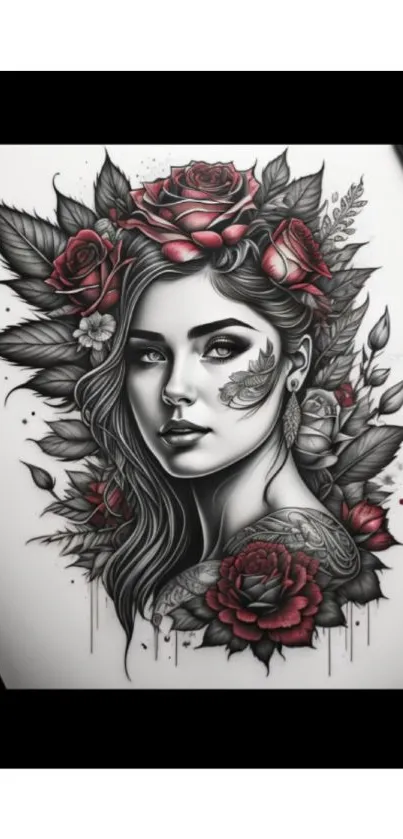 Artistic black and white woman portrait with red roses.