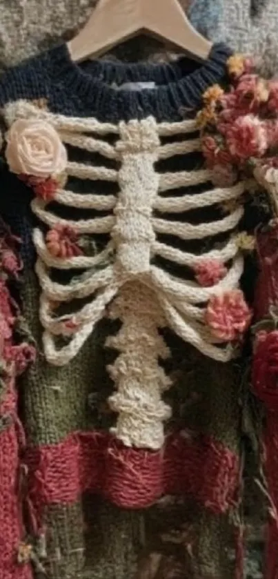 Knit sweater with skeletal and floral design.