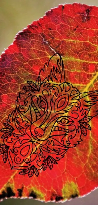 Intricate fox mask on a vivid red leaf wallpaper.