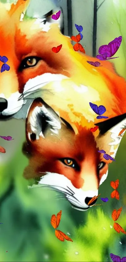 Two artistic foxes with vibrant butterflies in a colorful nature scene.