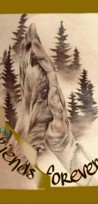 Tattoo-style art with wolf and hand, trees behind.