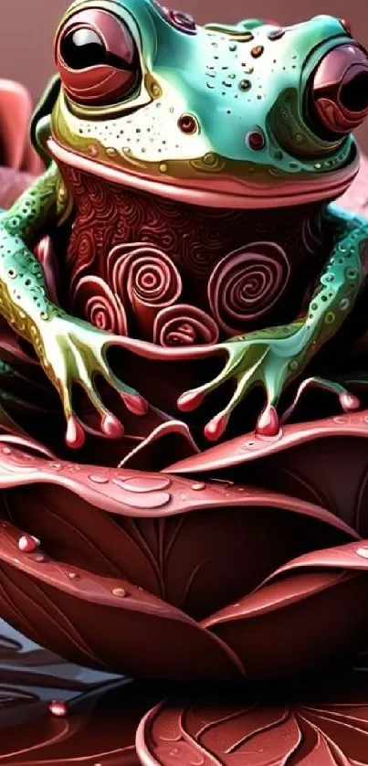 Artistic frog sitting in a rose flower.