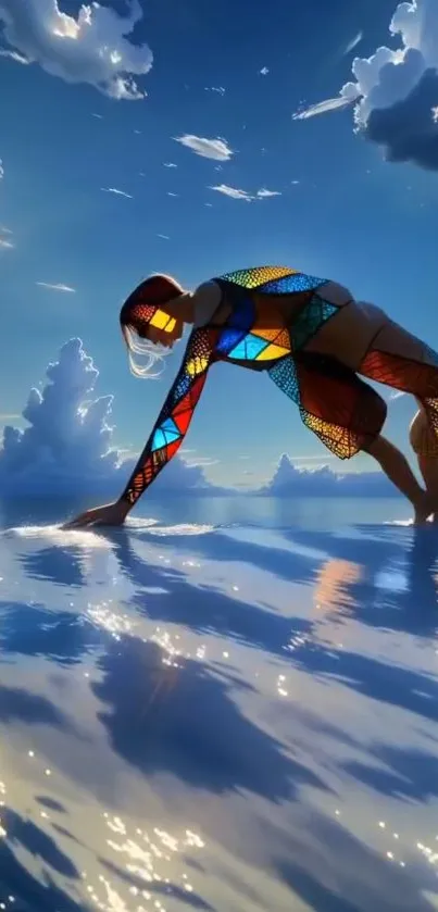 Futuristic stained glass human on reflective water with clouds.