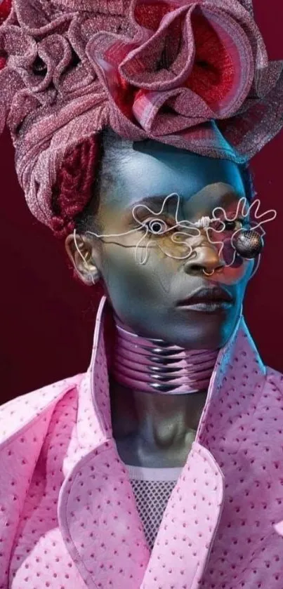 Artistic futuristic portrait with vibrant colors and unique fashion elements.