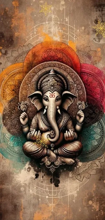 Intricate Ganesh artwork with mandala design in a vibrant phone wallpaper.