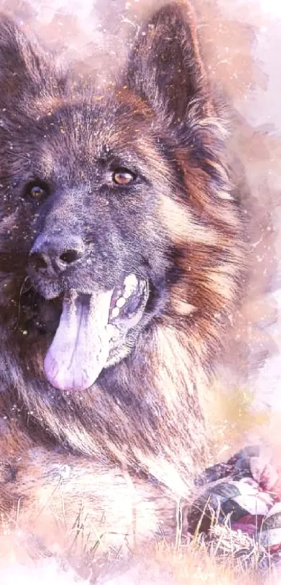 Artistic German Shepherd wallpaper with painted effect in pastel tones.
