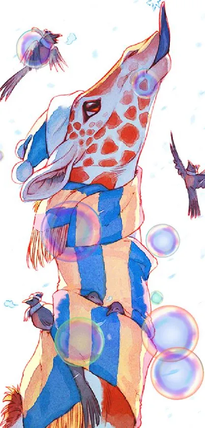 Illustrated giraffe in winter scarf with birds and snow.