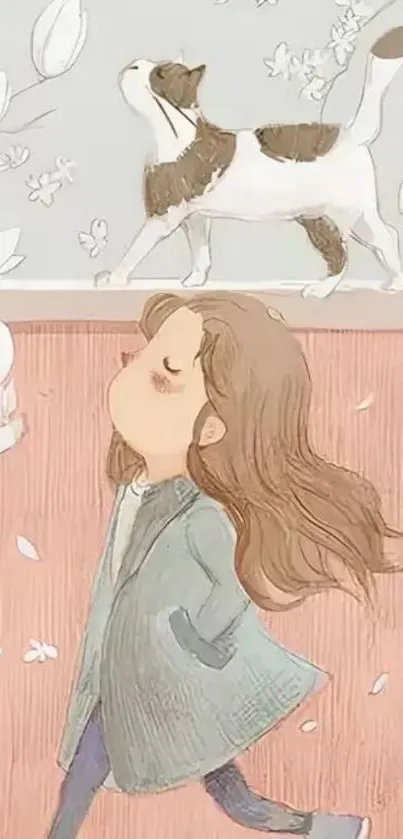 Whimsical illustration of a girl walking under a wall with a cat.