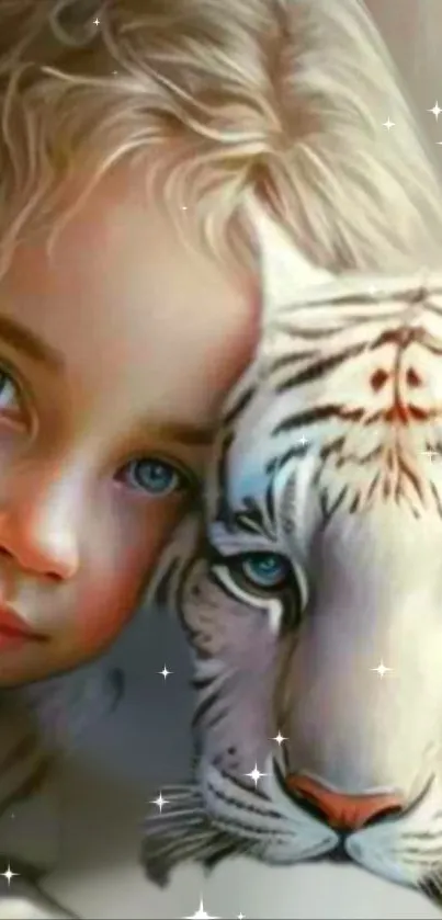 Whimsical digital painting of girl with a white tiger, perfect for mobile wallpaper.