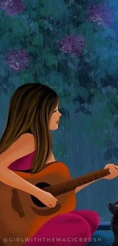 A girl playing guitar with a cat under a blue night sky.