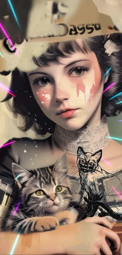 Artistic girl holding a cat with neon accents