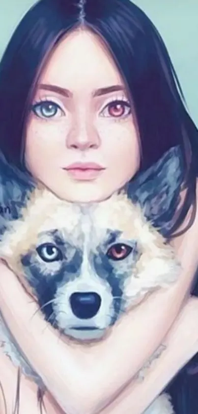 Illustration of a girl with heterochromia eyes hugging a dog.