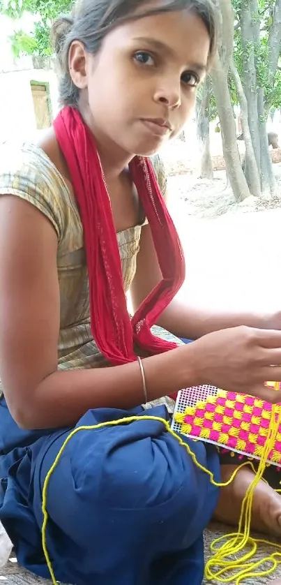 Young girl crafting with colorful yarn outdoors.