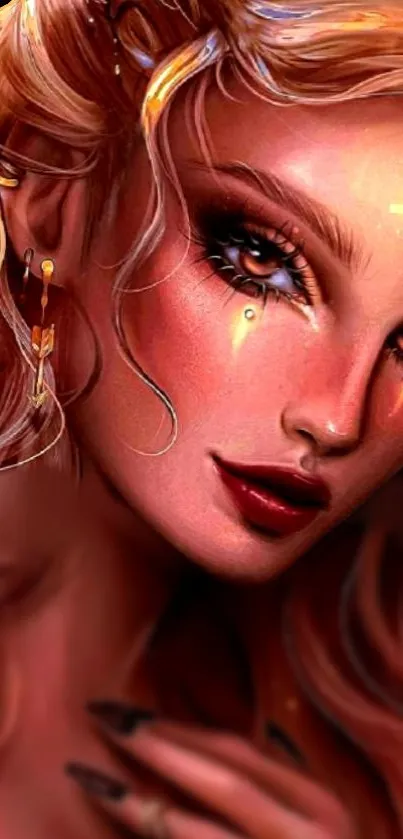 Artistic digital portrait of a glamorous woman with coral hues.