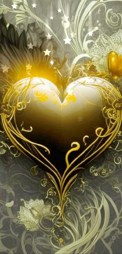 Artistic gold heart wallpaper with intricate floral designs.