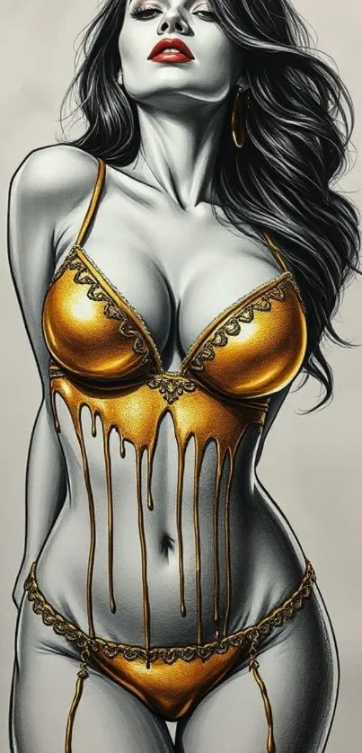 Artistic gold lingerie portrait with monochrome tones.