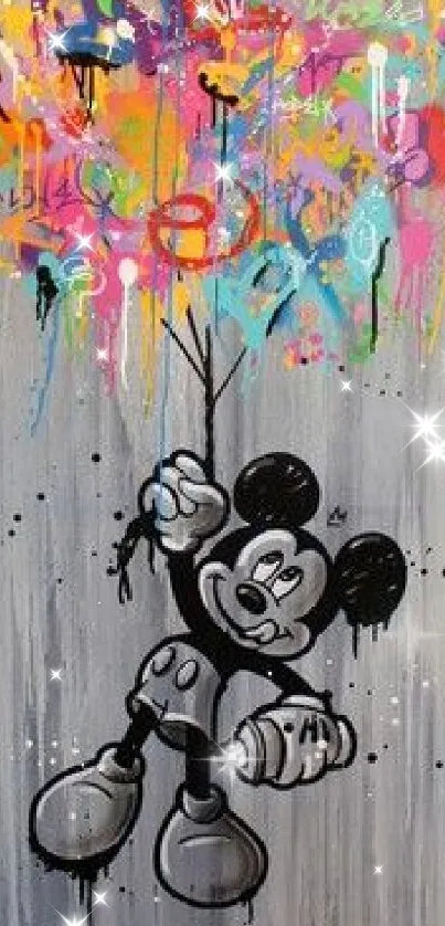 Colorful graffiti mouse wallpaper with vibrant splashes on a grey background.