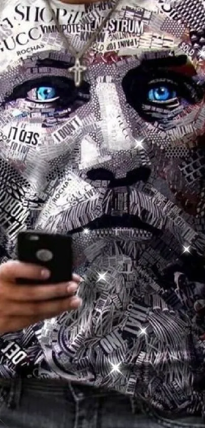 Intricate graphic design t-shirt with blue-eyed face.