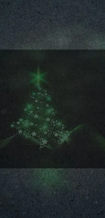 Green starry Christmas tree on a dark background wallpaper.