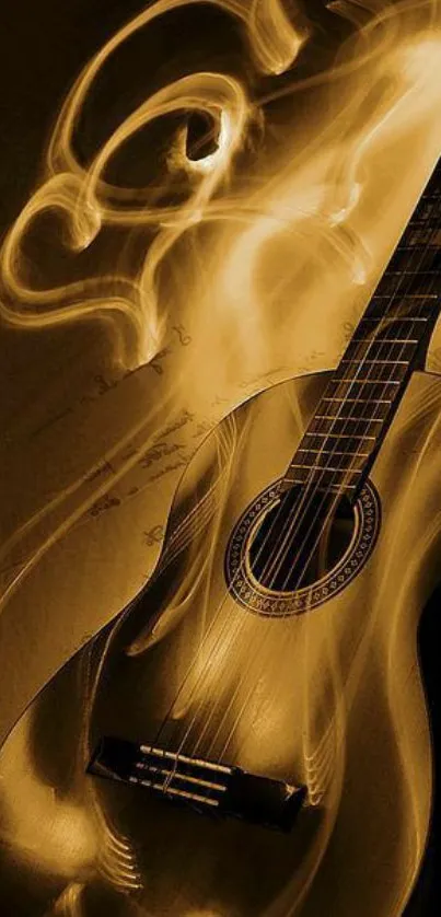 Guitar wallpaper with golden light waves and dark background.