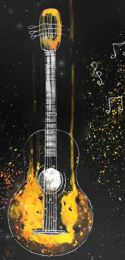 Artistic black and orange guitar wallpaper with musical notes.