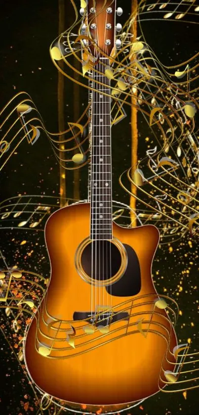 Artistic guitar with music notes on a vibrant mobile wallpaper.