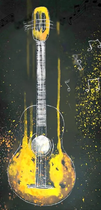 Artistic yellow guitar with musical notes on a dark background.