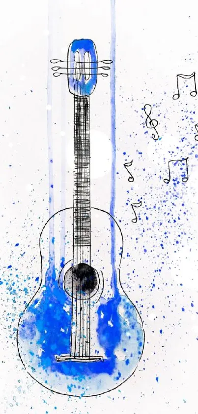 Artistic guitar wallpaper with blue watercolor splash design.