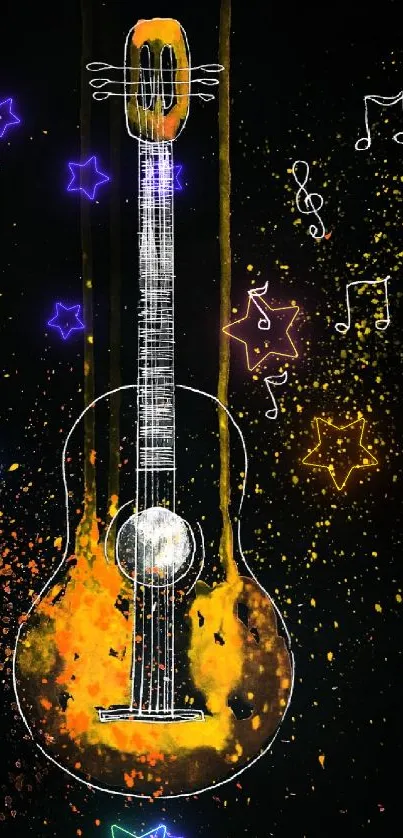 Artistic guitar with orange splashes on a black background, vibrant music wallpaper.