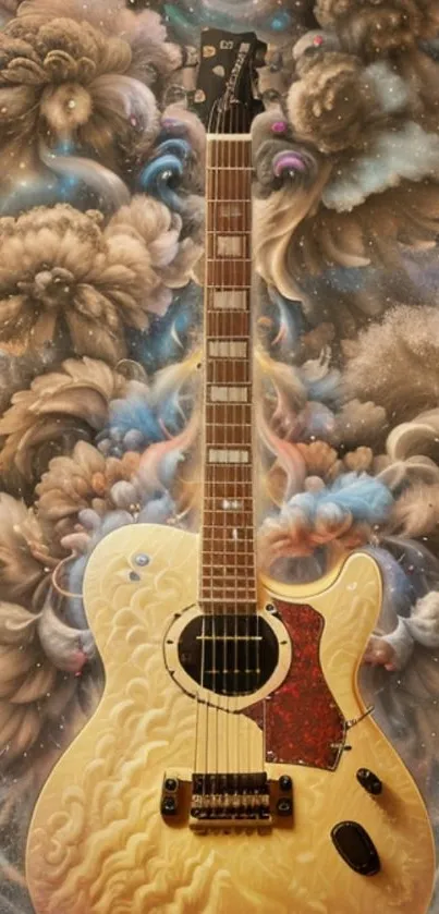 Artistic guitar with swirling clouds background.