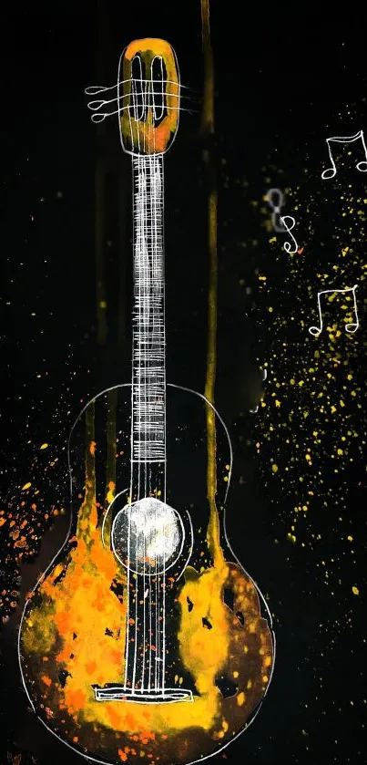 Colorful abstract guitar with musical notes on black background.