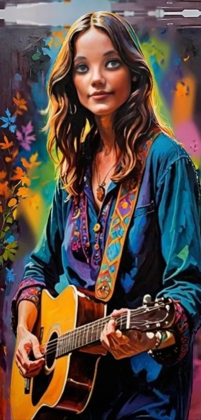 Colorful art of a woman with a guitar among vibrant leaves.