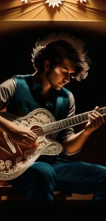 Artistic rendering of a guitarist playing an intricately designed guitar.