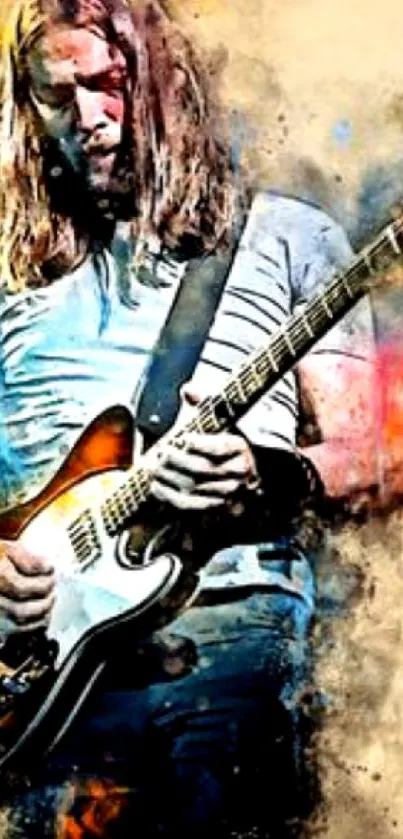 Artistic wallpaper of a guitarist with a watercolor effect.