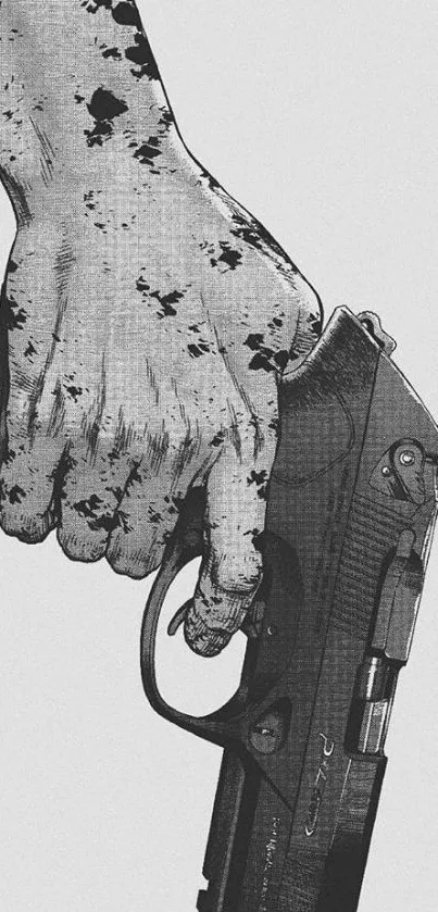 Monochrome sketch of a hand holding a gun in artistic detail.