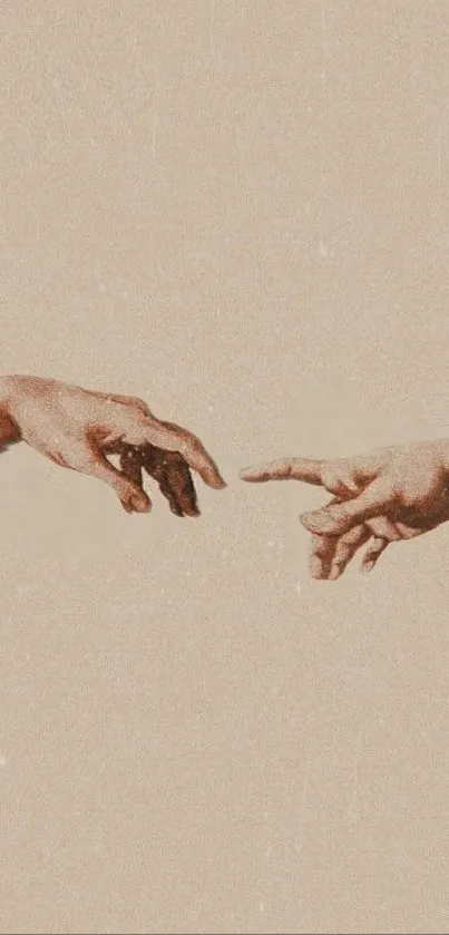 Two hands reaching out on a beige background, minimalist artwork wallpaper.