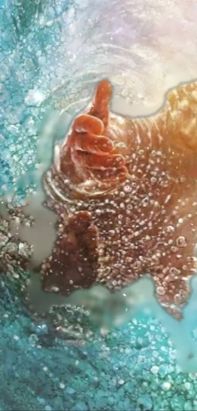 Artistic hand emerging in teal water splash.