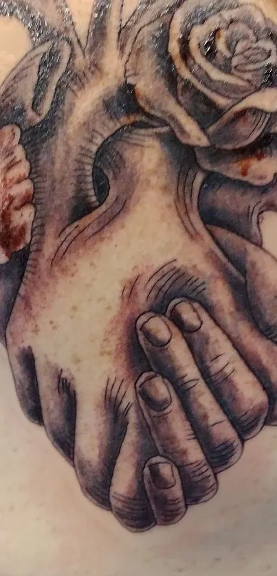 Intricate tattoo design of hands with rose for phone wallpaper.