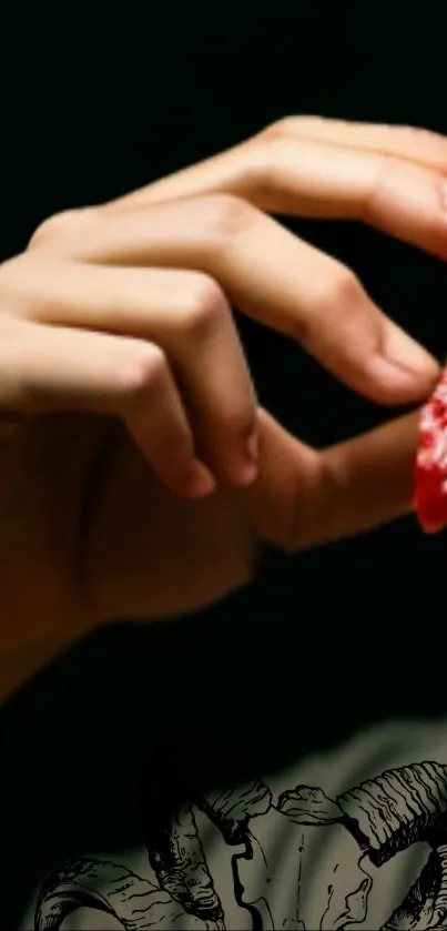 Hand holding a dripping orange slice on dark background.